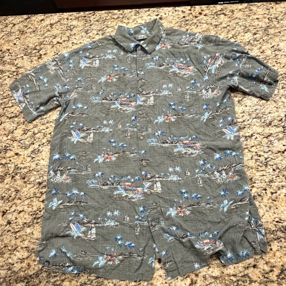 Batik Bay Mens XLT Grey Tropical Island Sailboat Rayon Short Sleeve Button Shirt